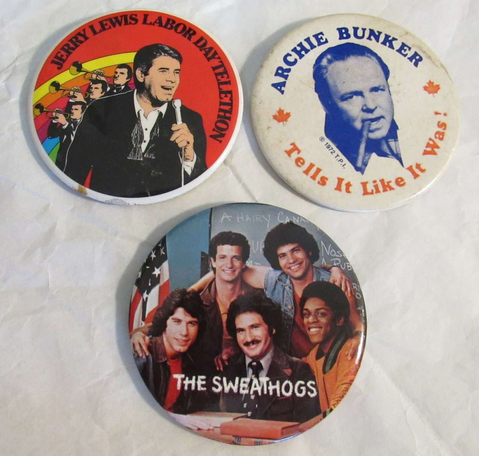 1970s Tv Lot 3 Buttons Archie Bunker Welcome Back Kotter Jerry Lewis Telethon